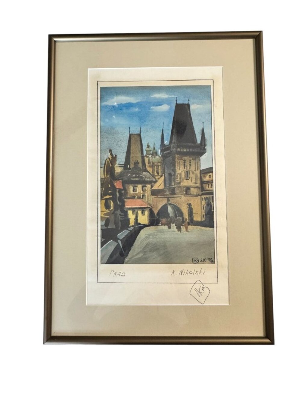 Watercolor Painting Of Prague By K. Nikolski In Frame Signed 1993 Tower Scene